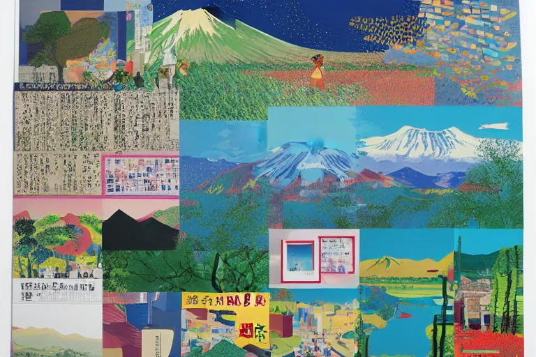 Prompt: award winning graphic design poster, cutout clips of a variety of postcards, National Geographic photographs, manga and newspaper cutouts a variety of japan travel images, not a photomosaic, natural landscape beauty, japan harvest, crafts, architecture and more, constructing an contemporary art assemblage of mount fuji and bullet train, isolated on white, photocollage painting by David Hockney