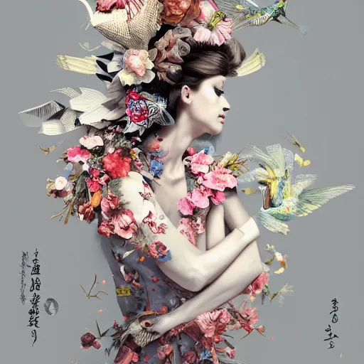 Image similar to 3 / 4 view of a beautiful girl wearing an origami dress, eye - level medium shot, fine floral ornaments in cloth and hair, hummingbirds, elegant, by eiko ishioka, givenchy, ambrosius boeschaert, by peter mohrbacher, centered, fresh colors, origami, fashion, detailed illustration, vogue, japanese, reallusion character creator