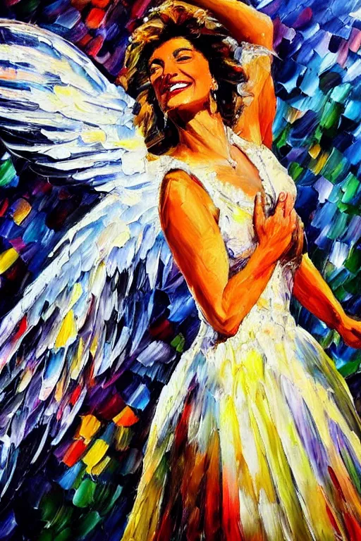 Prompt: painting afremov leonid, an opera singer in a white dress with wings on stage