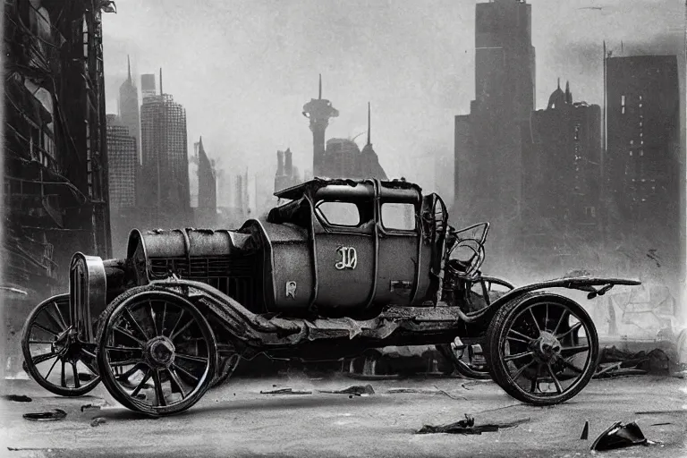 Image similar to cyberpunk 1 9 0 8 model ford t by paul lehr, jesper ejsing, metropolis, parked by view over city, vintage film photo, robotic, damaged photo, scratched photo, silent movie, black and white photo