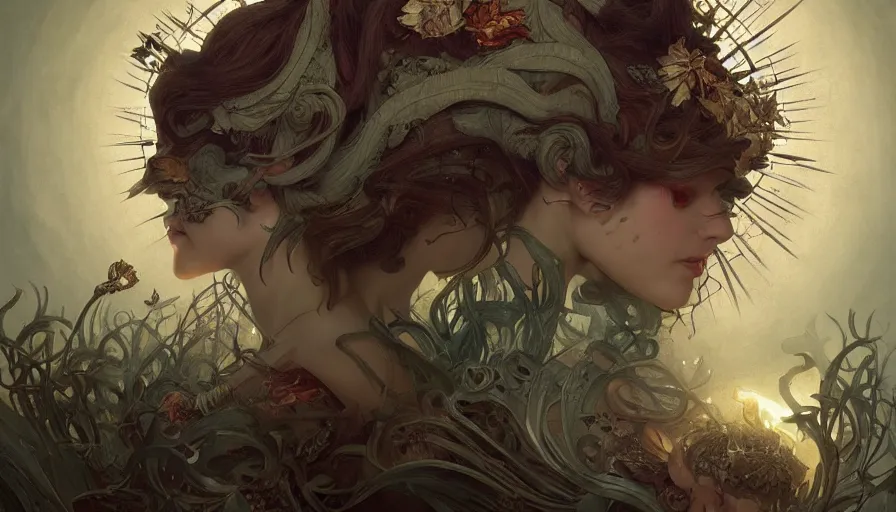 Image similar to dark twisted fairytale, masterpiece, fibonacci, sweat drops, insane, horror, intricate, highly detailed, digital painting, artstation, concept art, smooth, sharp focus, illustration, Unreal Engine 5, 8K, art by artgerm and greg rutkowski and alphonse mucha