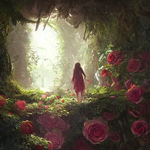 Image similar to inside the jungle of giant tree - sized roses by greg rutkowski