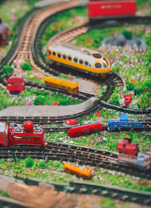 Image similar to wide - angle portrait of a retro tin toy train set, depth of field, zeiss lens, detailed, symmetrical, centered, fashion photoshoot, by nicoletta ceccoli, mark ryden, lostfish, earl nore, hyung tae, frank frazetta, breathtaking, 8 k resolution, extremely detailed, beautiful, establishing shot, artistic, hyperrealistic, octane render