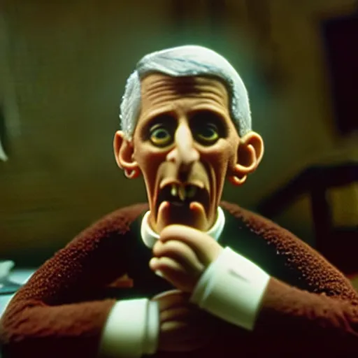 Image similar to claymation anthony fauci by klaus schwab, hyperrealistic, very detailed, tim burton, 3 5 mm film still, gothic, horror, eldritch