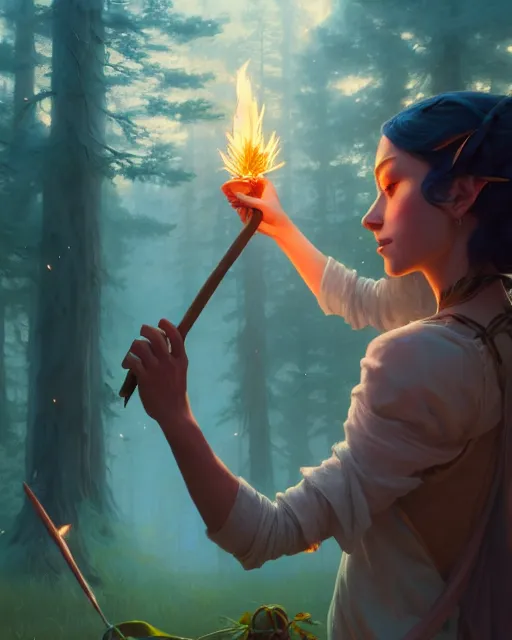 Prompt: highly detailed vfx portrait of a mage casting a wood spell, unreal engine, greg rutkowski, loish, rhads, beeple, makoto shinkai and lois van baarle, ilya kuvshinov, rossdraws, tom bagshaw, alphonse mucha, global illumination, detailed and intricate environment