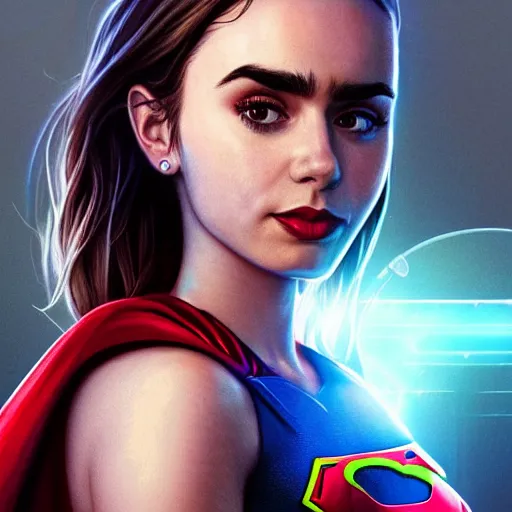 Image similar to a potrait of Lily Collins as Supergirl with man of steel suit style by Greg Rutkowski, Sung Choi, Mitchell Mohrhauser, Maciej Kuciara, Johnson Ting, Maxim Verehin, Peter Konig, 8k photorealistic, cinematic lighting, HD, high details, dramatic, trending on artstation, full body shot