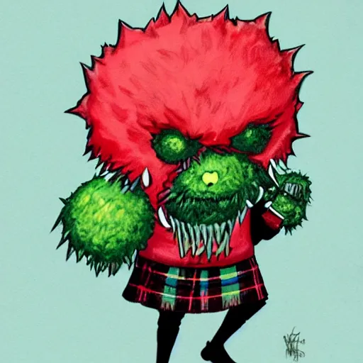 Image similar to a tennis ball monster wearing a scottish kilt, big mustache, scotland, bagpipes, digital art, fantasy, magic, chalk, trending on artstation, ultra detailed, professional illustration by basil gogos