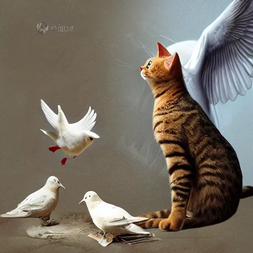 Image similar to cat playing with the dove of peace, photorealistic, detailed