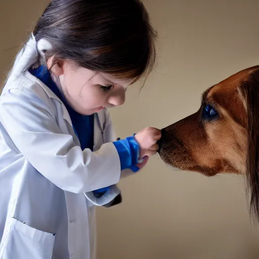 Prompt: a little girl [ as a veterinarian doctor ]!!, [ 4 k photorealism ]!!, trending on unsplash, [ golden ratio ]!!, centered!!