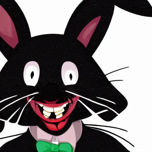 Image similar to A extremely highly detailed majestic hi-res beautiful, highly detailed head and shoulders portrait of a scary terrifying, horrifying, creepy black cartoon rabbit with scary big eyes, earing a shirt laughing, hey buddy, let's be friends, in the retro art style of Walt Disney