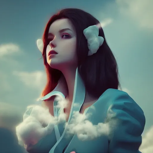 Image similar to beautiful girl in full gown blowing clouds, portrait character concept style trending on artstation concept art detailed octane render cinematic photo - realistic 8 k high detailed