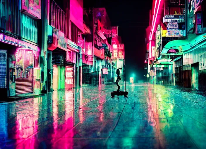 Image similar to a person with long, flowing hair skateboards through an empty neon philadelphia in the rain, colored gel lighting, reflective surfaces, midnight, portra, film grain, reminiscent of blade runner, dynamic