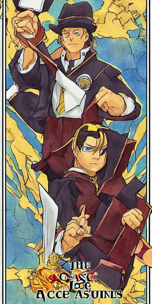 Image similar to the judge from Ace Attorney with a scale in one hand. Tarot card Justice