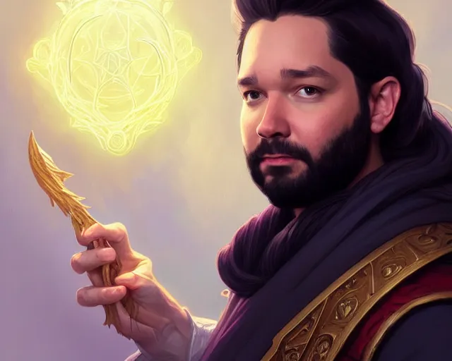 Prompt: a portrait of alexis ohanian as a wizard, deep focus, d & d, fantasy, intricate, elegant, highly detailed, digital painting, artstation, concept art, matte, sharp, illustration, hearthstone, art by artgerm and greg rutkowski and alphonse mucha