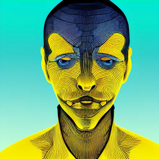 Image similar to human man that resembles a wasp morh in surreal sketch style, blue and yellow gradient, noise, ultrafine detail, hd 8k, logo illustration