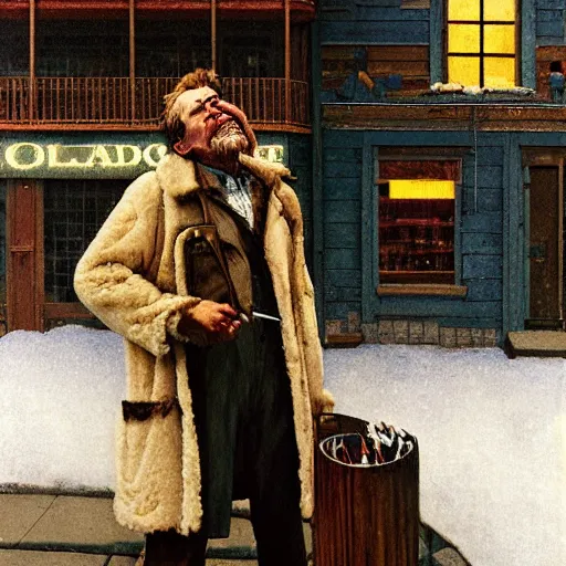 Image similar to a man in a shearling denim jacket smokes a lit cigarette outside a lonely colorado bar at 1 am, high quality high detail art by angus mcbride & n. c. wyeth, hd, realistic, photorealistic lighting, composition inspired by gregory crewdson.