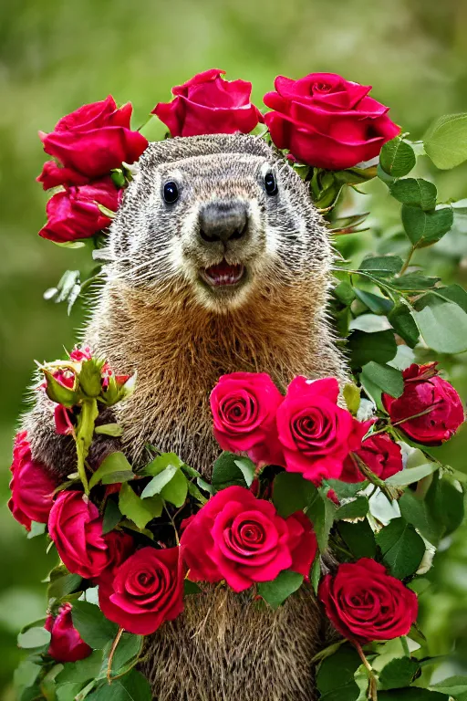 Prompt: groundhog with bouquet of roses photo portrait valentine's day