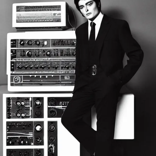 Image similar to stunning symmetrical portrait of alain delon in front of a ( ( ( tall moog synthesizer ) ) ), high contrast grainy blank and white photography print ilford warm tone, huge modular synthesizer