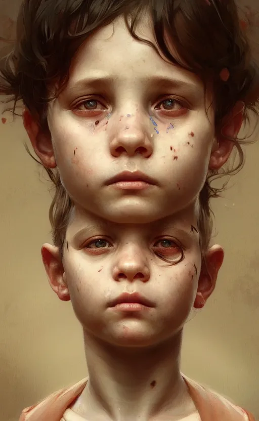 Image similar to a portrait of a blind child, sick white skin, concept art, deep focus, intricate, highly detailed, digital painting, artstation, matte, sharp focus, illustration, art by greg rutkowski and alphonse mucha