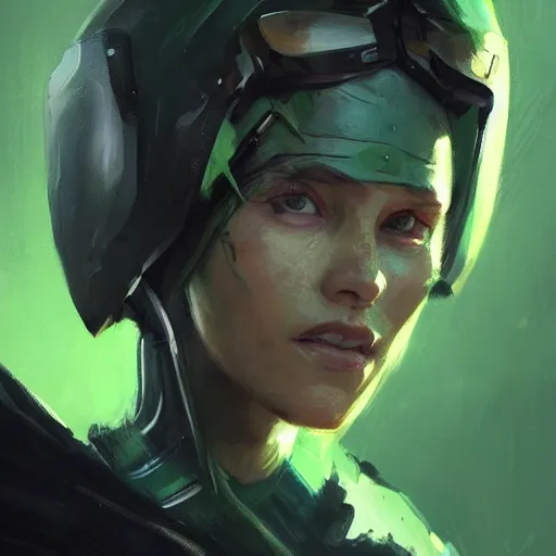 Image similar to portrait of a female superhero by greg rutkowski, she looks like thomasin mackenzie, she is wearing a black and green kevlar gear with a cape, highly detailed portrait, digital painting, artstation, concept art, smooth, sharp foccus ilustration, artstation hq