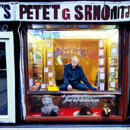 Prompt: mark e smith crouched behind a display window outside a pet shop, he is for sale