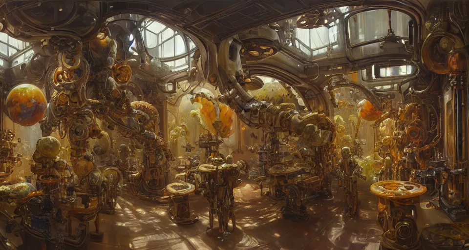 Prompt: an oil painting by donato giancola, warm coloured, cinematic scifi luxurious futuristic biomechanical victorian garden laboratory of pretty ceramic baroque science equipment courtyard with bulbous alien floral fungi, beeple, halo, star wars, ilm, star citizen, halo, mass effect, artstation