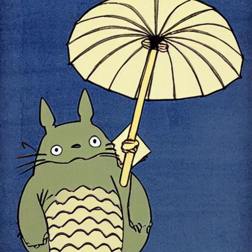 Image similar to Totoro is holding an umbrella in the rain, ukiyo-e