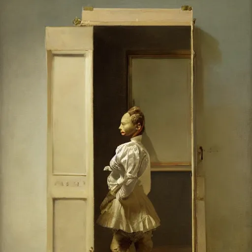 Image similar to a surreal painting by willem claesz heda of a doorway to pure imagination. one of them is a mannequin, intricate, elegant, masterpiece, trending on artstation, extremely detailed, dreamscape, fantasy, magical