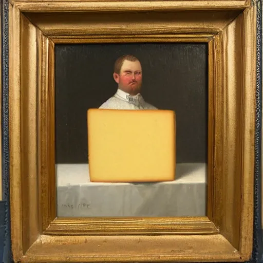 Prompt: victorian oil painting of a man with a piece of cheese for a head