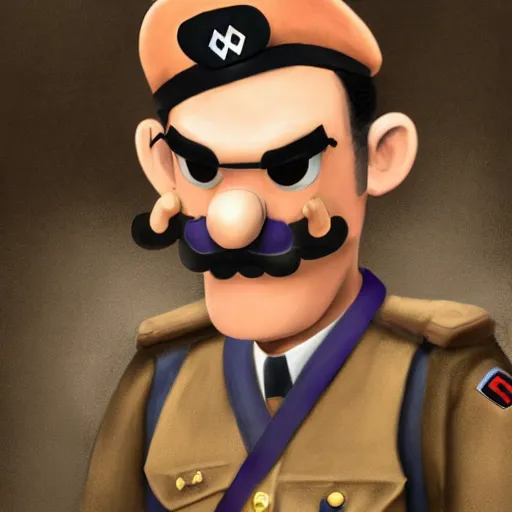Image similar to waluigi as a nazi soldier during ww2, realistic, detailed, gloomy, elegant, uniform, strict, realistic, concept art, smooth, sharp focus, intricate details, 4K