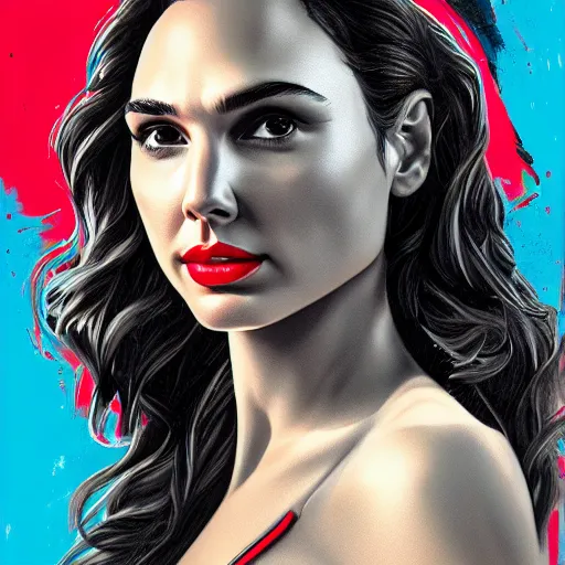 Image similar to portrait of gal gadot in the style of bill medcalf, retro, 4 k, detailed