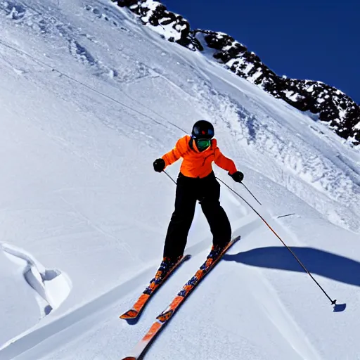 Image similar to skier in orange snow pants and black jacket skiing down a steep mountain face, far away view, photo realistic