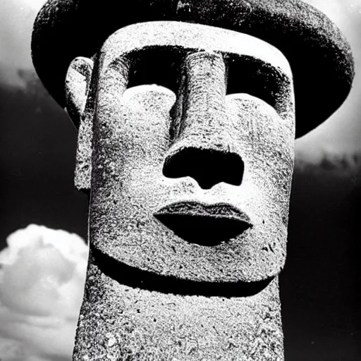 Prompt: easter island moai as the main character in a black and white noir film wearing a fedora, intricate, 1 9 4 0 s film noir, sharp focus, sharp shadows, robert siodmak, fritz lang, otto preminger, orson welles, billy wilder