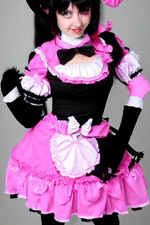 Prompt: Catgirl with black fur, pink hair, and pink eyes in Gothic Lolita maid costume wearing small top hat