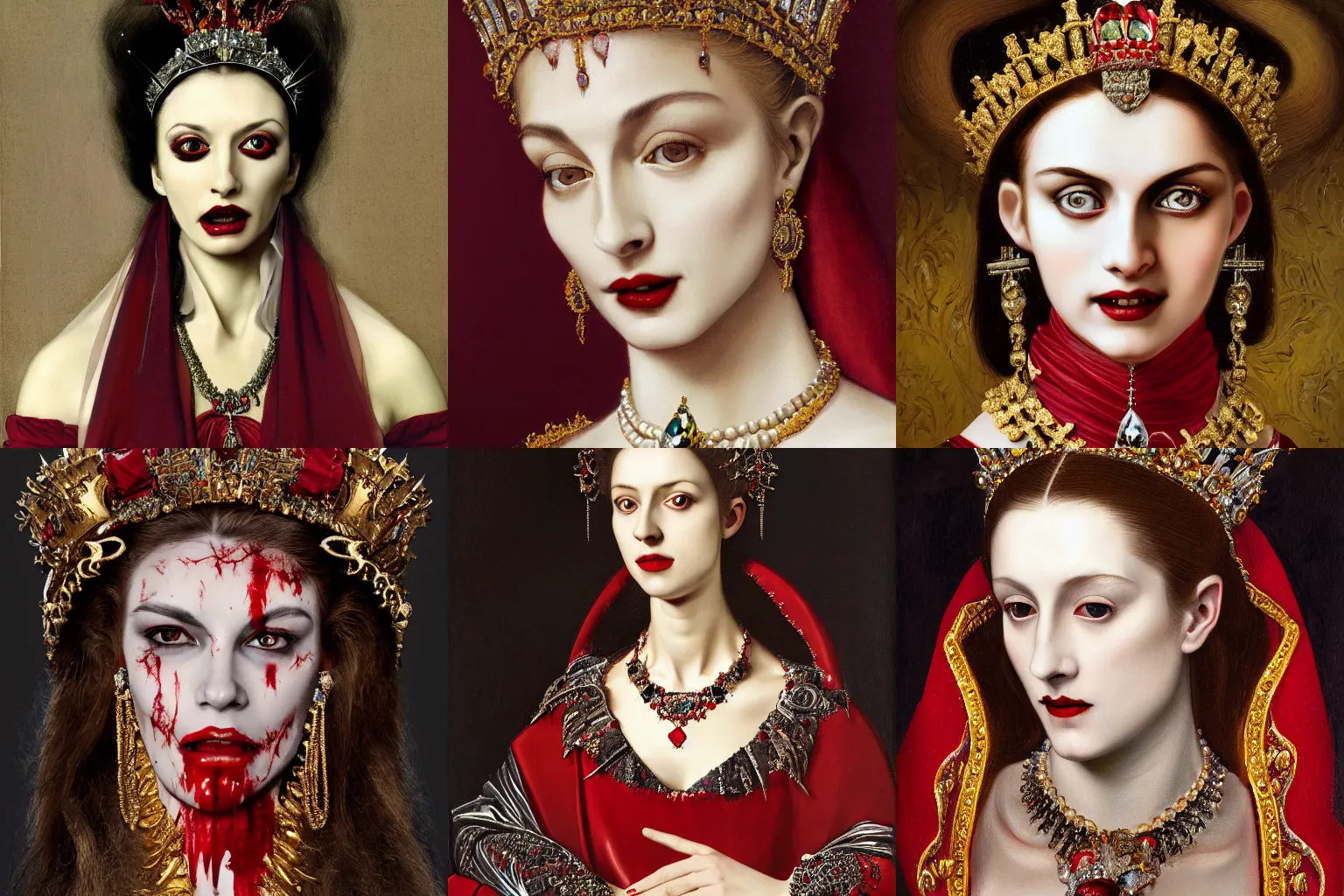 Prompt: A extremely highly detailed majestic hi-res beautiful immaculate head and shoulders painting of a beautiful bloody vampire woman with fangs wearing a long royal red silk dress, the crown jewels is on her head and around her neck is a ornate golden necklace decorated with diamonds and rupees by Michelangelo Merisi da Caravaggio, high detail, hyperrealistic, photorealistic, octante render, cinematic, high textures, royaltly, royal, hyper sharp, 4k insanely detailed and intricate, hypermaximalist, 8k, hyper realistic, super detailed, 4k HDR hyper realistic high,