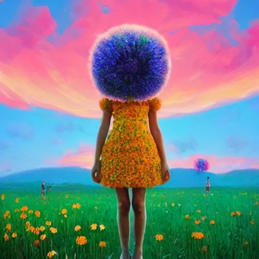 Image similar to large flower afro, full body, girl standing in the middle of a field with flowers, surreal photography, hills, sunrise dramatic light, impressionist painting, colorful clouds, digital painting, pointillism, artstation, simon stalenhag