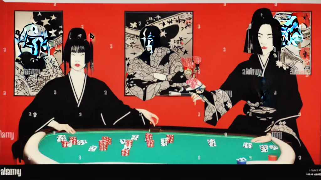 Image similar to woman in a black japanese kimono, sitting at an extremely detailed poker table with the boba fett, sake on the table, fireworks and stars on the background, by andy warhol, by roy liechtestein, canvas, acrylic paint, ivory palette, 4 k, ultra - hd