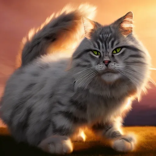 Image similar to colossal fluffy tabby cat going super saiyan, golden hour, fantasy, sharp focus, digital art, hyper realistic, 4 k, unreal engine, highly detailed, hd, dramatic lighting by brom, trending on artstation