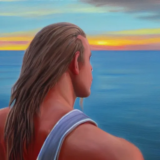 Image similar to a teen guy with mullet, portrait, sunset, ocean in distance, oil painting, pale colors, high detail, 8 k, wide angle, trending on artstation,