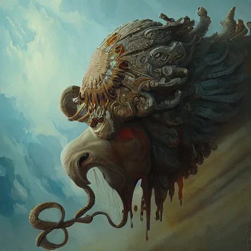 Image similar to sacred buffalo, acanthus scroll, ceremonial clouds, dripping paint, fibonacci rhythm, artstation, art germ, wlop, karol bak, christopher balaskas, ross tran