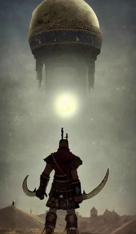 Prompt: a lonely turkic Warrior looks up to the sky at the moon, sitting near a central Asian styled yurt, Anor Londo, dramatic lighting, cinematic, establishing shot, extremely high detail, photorealistic, cinematic lighting, artstation, by simon stalenhag