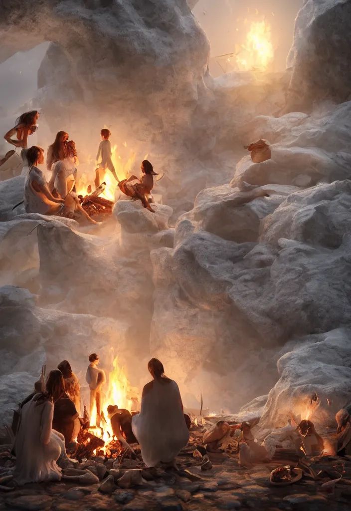 Image similar to realistic white tribe gather around a bonfire with a pregnant woman as her leader, proud people, sharp, ice cave, facinating, fantasy digital art, octane render, beautiful composition, trending on artstation, award - winning photograph, masterpiece