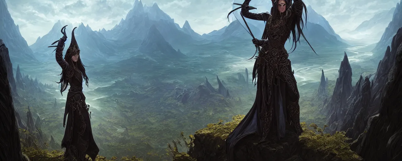 Prompt: an dark elf mage from elden ring, overlooking a landscape vista, movement, deep focus, d & d, fantasy, intricate, elegant, highly detailed, digital painting, artstation, concept art, matte, sharp focus, illustration, hearthstone, art by artgerm and greg rutkowski and alphonse mucha