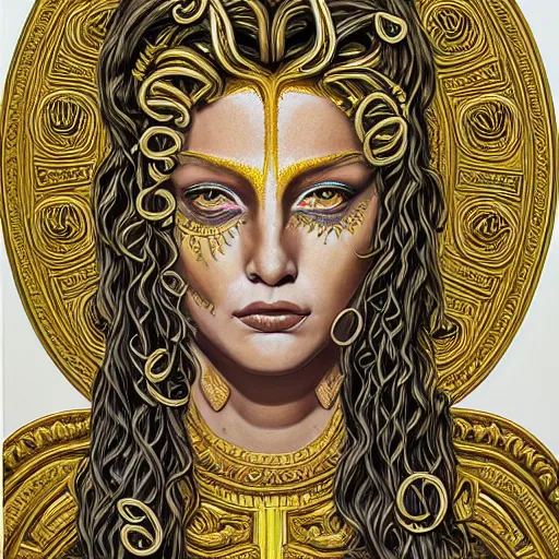Prompt: symmetrical, detailed portrait color painting of medusa by greg rutowski, gold tones, priestess, full body