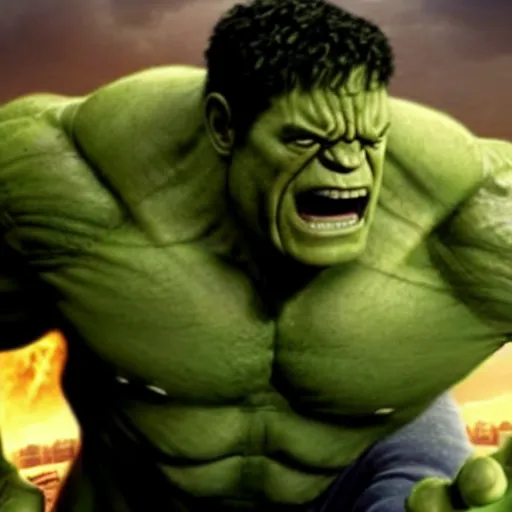 Prompt: a still of tom hanks as the hulk in the avengers movie