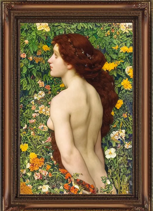 Image similar to masterpiece beautiful seductive flowing curves preraphaelite face portrait amongst flowers, extreme close up shot, straight bangs, thick set features, yellow ochre ornate medieval dress, laying amongst foliage mushroom forest circle arch, frederic leighton and kilian eng and rosetti and preraphaelites, william morris, framed, 4 k