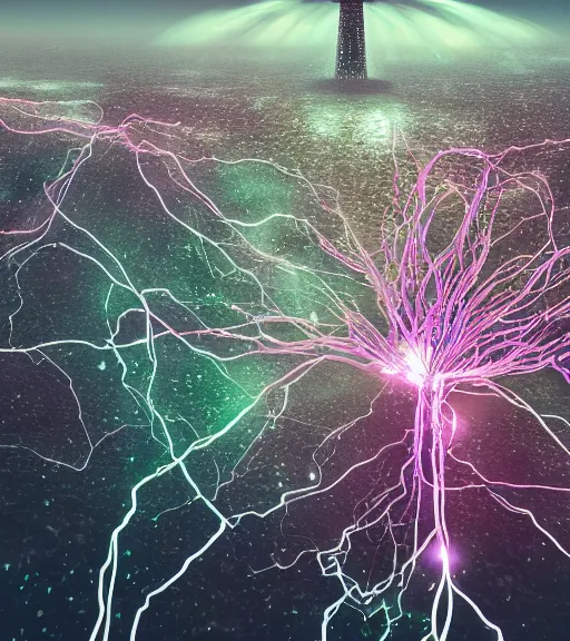 Prompt: electricity solution surreal neuron city tower, breaking the waves, made of crystalized synapse, aerial iridecent veins, moonbow, in the desert, foggy sky, dark starry night, octane render, unreal engine, pale colors, high detail, 8 k, wide angle, trending on artstation, behance