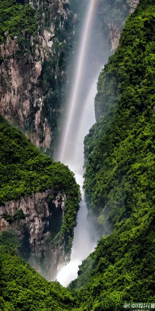 Image similar to A cloudy peak in southern China with one waterfall,one small rainbow in the middle of the waterfall. the style of National Geographic magazine