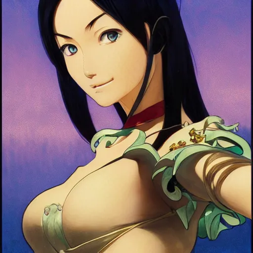 Image similar to highly detailed vfx portrait of nico robin by eiichiro oda!, makoto shinkai, alphonse mucha, sharp focus, art by artgerm and greg rutkowski!, backlit, harsh overhead sunlight, blue eyes!!, large aquiline nose!!, stanley kybric, kaoru mori, shadows, best of behance,