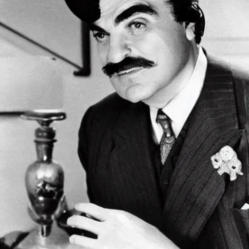 Image similar to scene of the hercule poirot tv serie featuring david suchet without a moustache